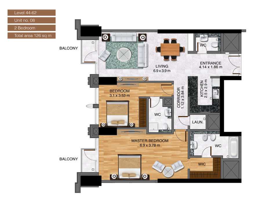 Level-44-62,Unit-no-8-,2-Bedroom-,Size-126-Sq m